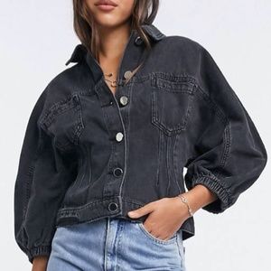 River Island cinched waist balloon sleeve denim jacket in black
